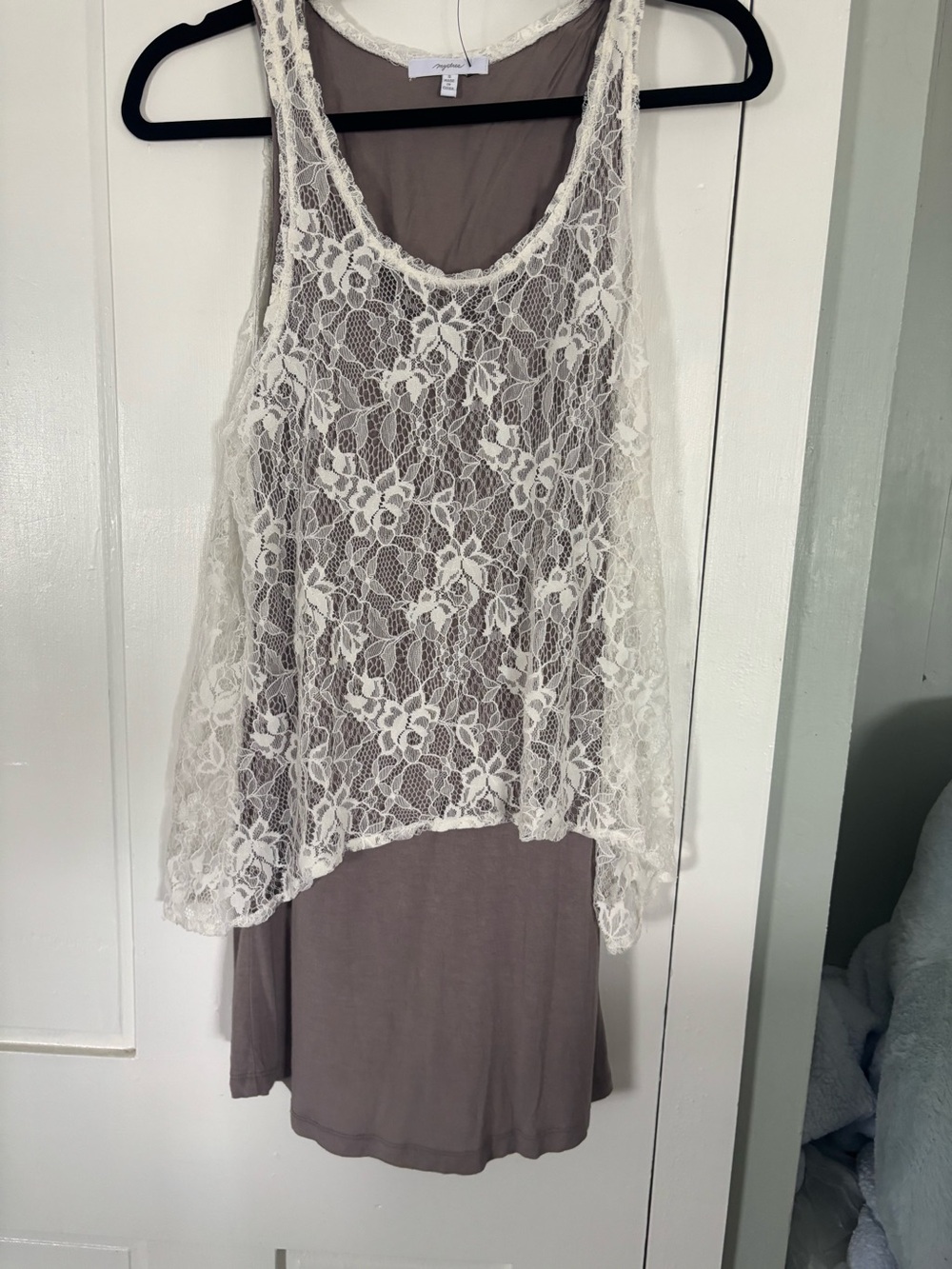 Mystree Cream Lace Overlay Taupe Tank Dress